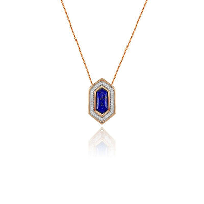 18k Gold Hexagonal Shape Lapis Diamond Necklace - Genevieve Collection