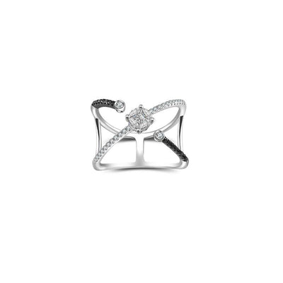 18k Gold Cross Diamond Open Ring with Black Diamond - Genevieve Collection
