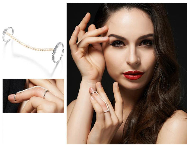 18k Gold Pearl Chain Connection Ring - Genevieve Collection