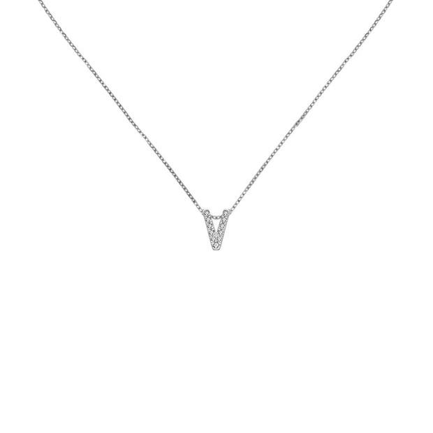 18k Gold Initial Letter "V" Diamond Pandent + Necklace - Genevieve Collection