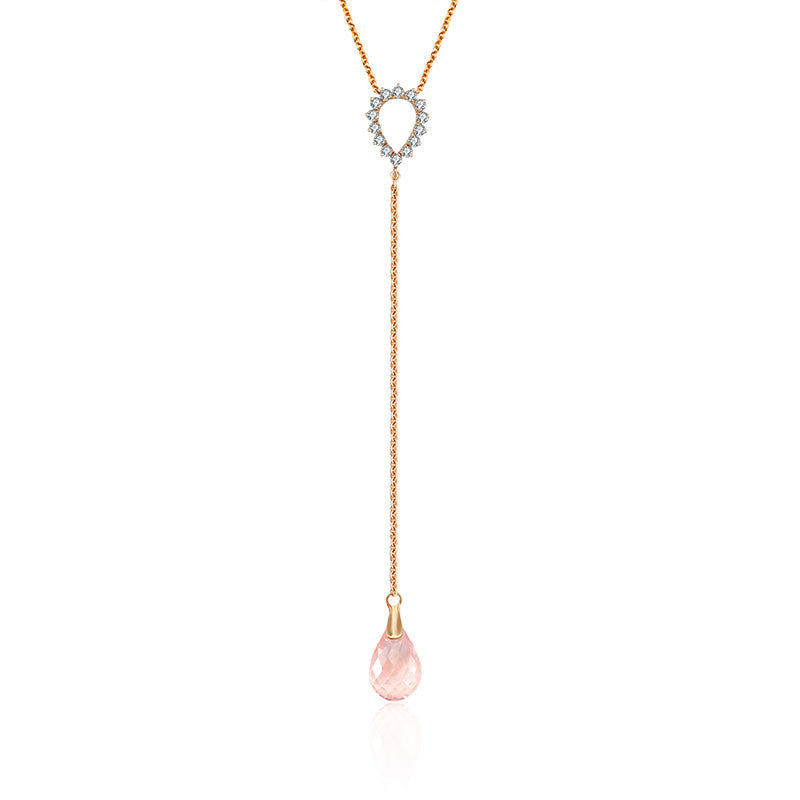 18k Gold Pink Quartz Chain Diamond Necklace With Drop Shape - Genevieve Collection