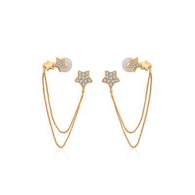 18k Gold Star Shape with Chain Diamond Ear Cuff & Earring - Genevieve Collection