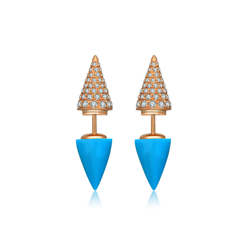 18k Gold 2 Ways Turquoise Diamond Earring in Cone Shape - Genevieve Collection