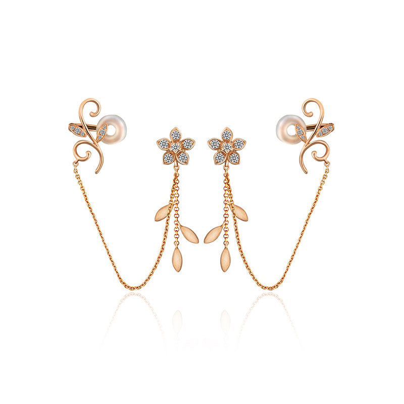 18k Gold Flower Shape with Chain Diamond Ear Cuff & Earring - Genevieve Collection