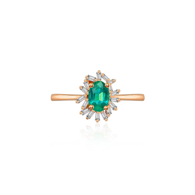 18k Gold Emerald Ring Surrounded by Irregular Shape Diamond - Genevieve Collection