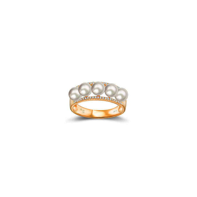 18k Gold Double Line Diamond Ring With Pearl - Genevieve Collection