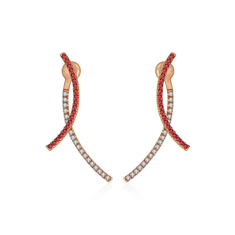 18k Gold Double Curve Diamond Earring With Ruby - Genevieve Collection