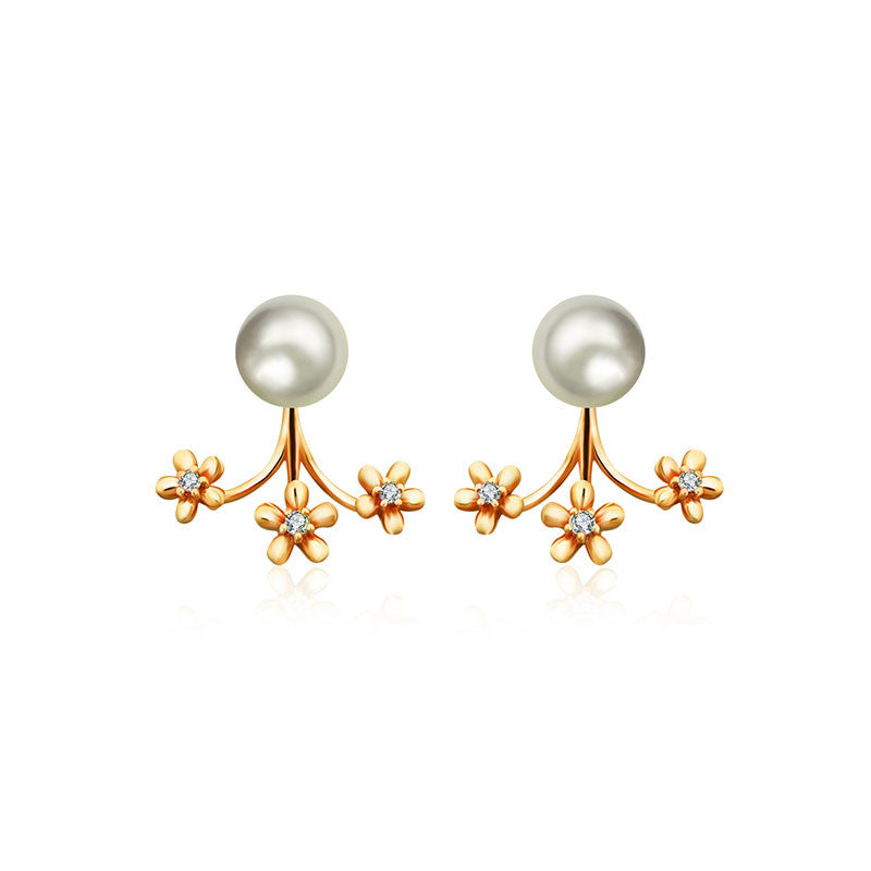 18k Gold Flower Diamond Earring Jacket With Pearl - Genevieve Collection