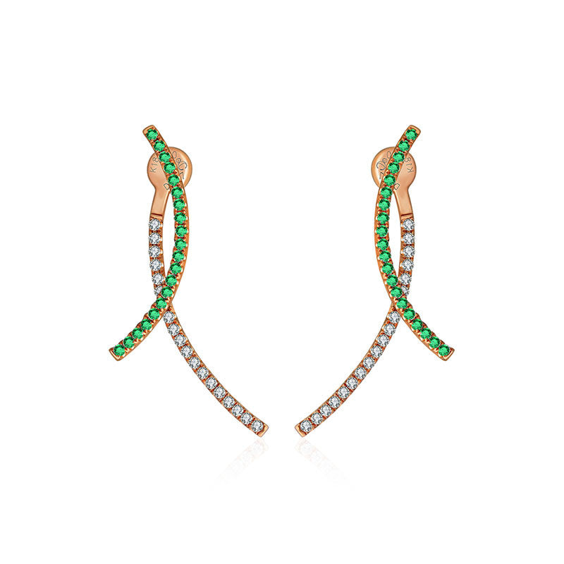 18k Gold Double Curve Diamond Earring With Emerald - Genevieve Collection