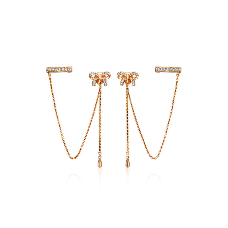 18k Gold Ribbon Shape with Chain Diamond Ear Cuff & Earring - Genevieve Collection