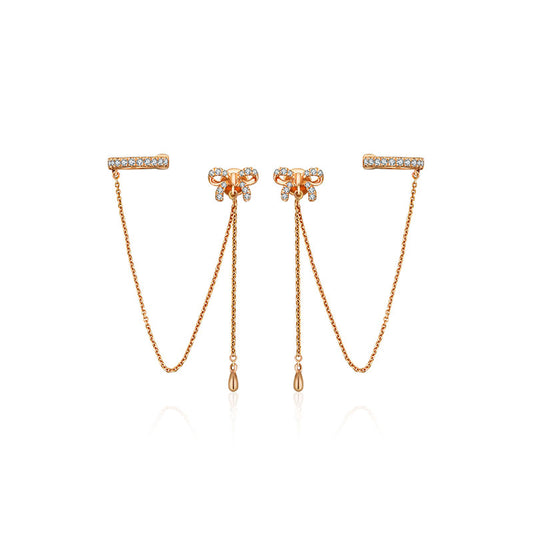 18k Gold Ribbon Shape with Chain Diamond Ear Cuff & Earring - Genevieve Collection