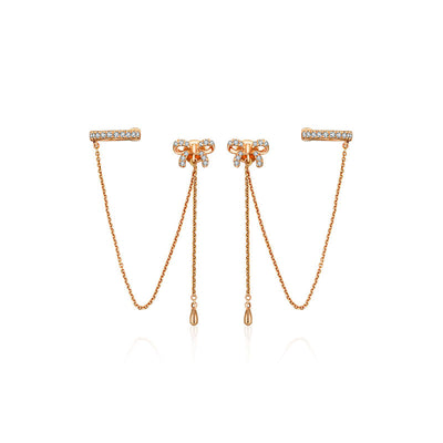 18k Gold Ribbon Shape with Chain Diamond Ear Cuff & Earring - Genevieve Collection