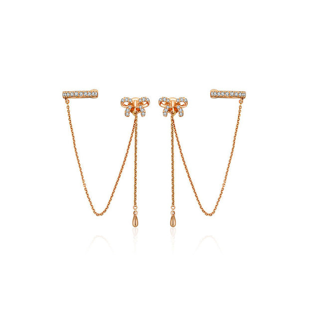 18k Gold Ribbon Shape with Chain Diamond Ear Cuff & Earring - Genevieve Collection
