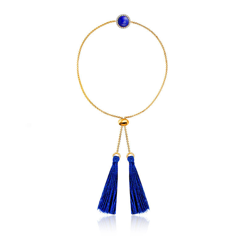 18k Gold Round Lapis Diamond Bracelet with Blue Tassel - Genevieve Collection
