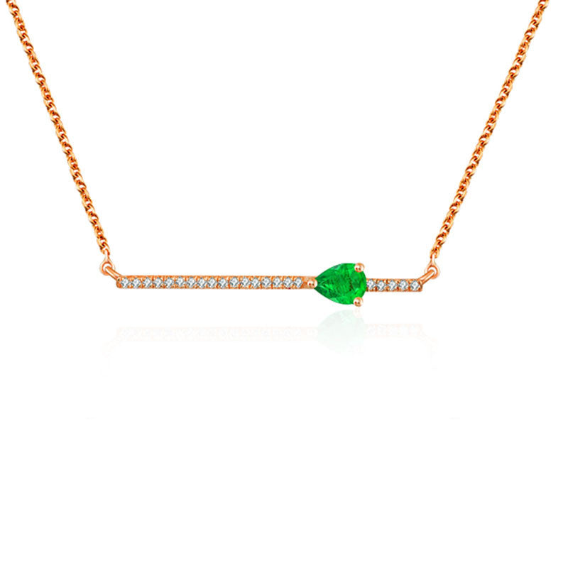 18k Gold Line Diamond Necklace with Drop Shape Emerald - Genevieve Collection