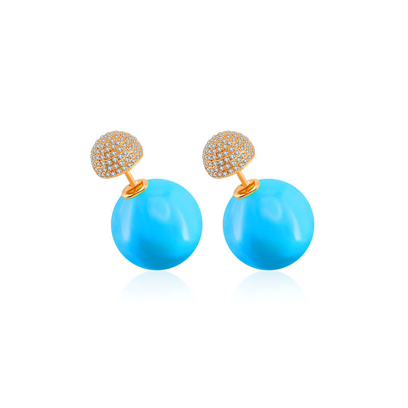 18k Gold 2 Ways Turquoise Diamond Earring in Half Round sphere - Genevieve Collection