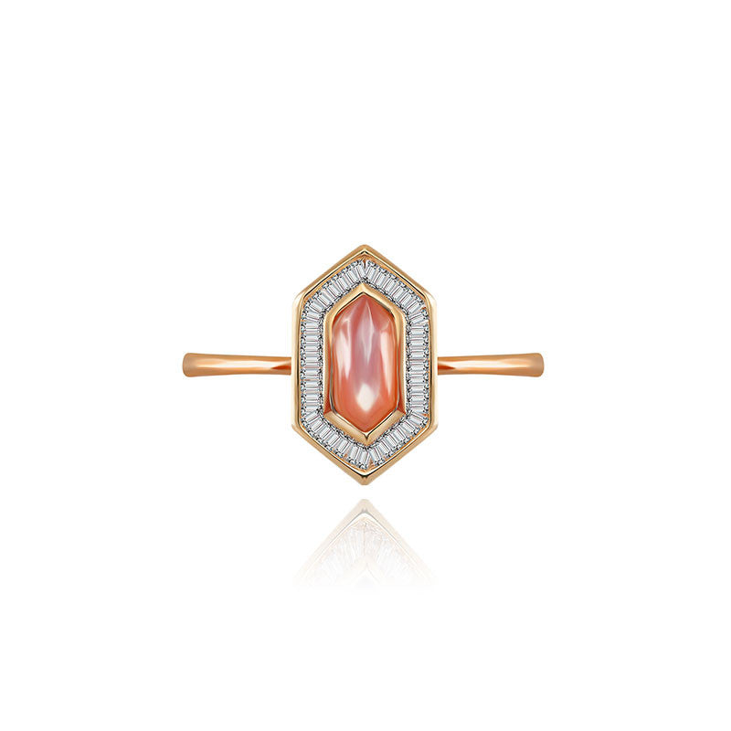 18k Gold Hexagonal Shape Pink Shell Diamond Ring - Genevieve Collection