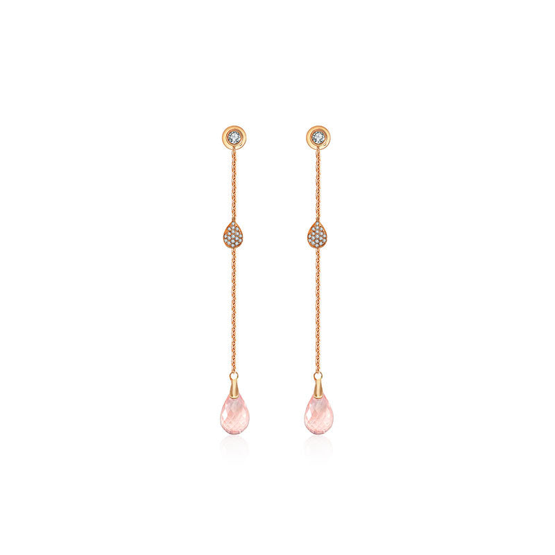 18k Gold Pink Quartz Chain Diamond Earring - Genevieve Collection