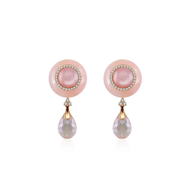 18k Gold Round Pink Shell Diamond Earring with Opal and Quartz - Genevieve Collection