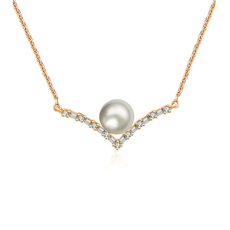 18k Gold Double Curve Diamond Necklace With Pearl - Genevieve Collection