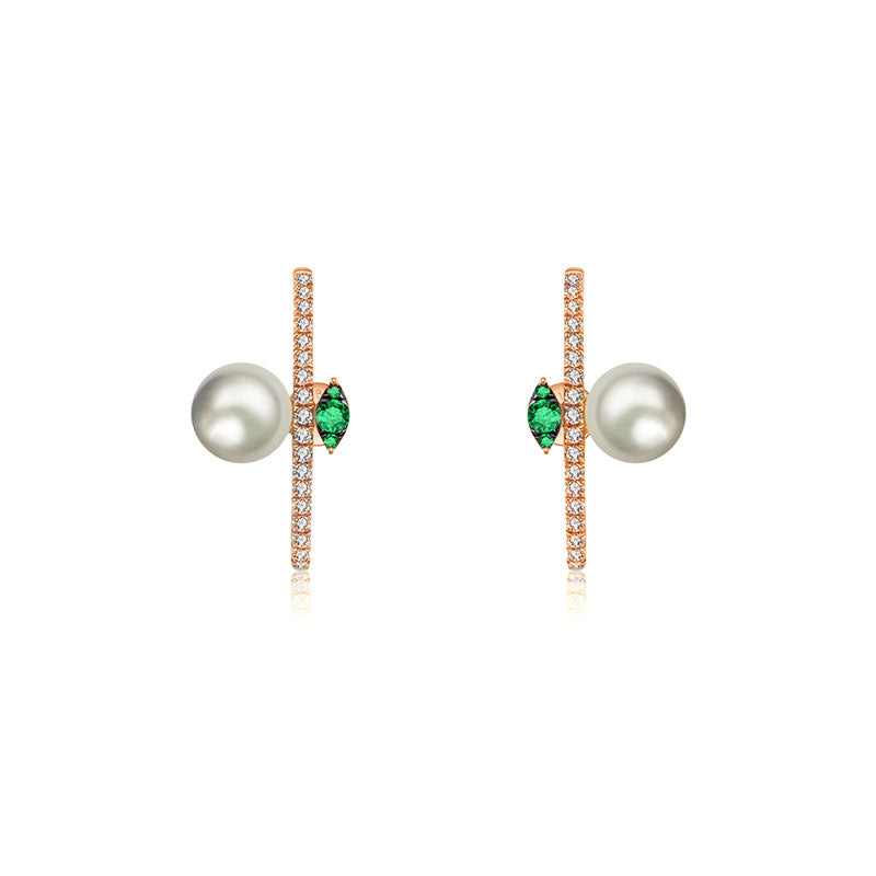 18k Gold Half Hoop Diamond Earring with Pearl and Emerald - Genevieve Collection