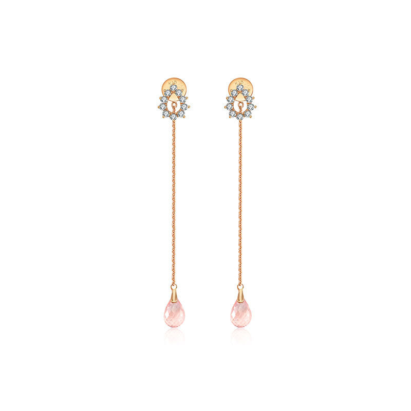 18k Gold Pink Quartz Chain Diamond Earring With Drop Shape - Genevieve Collection