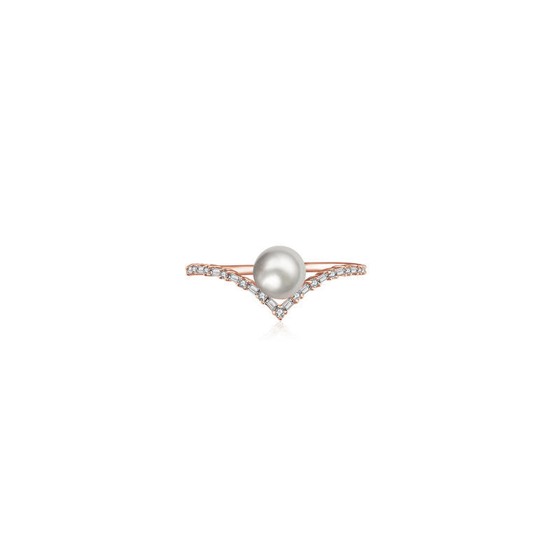 18k Gold Double Curve Diamond Ring With Pearl - Genevieve Collection