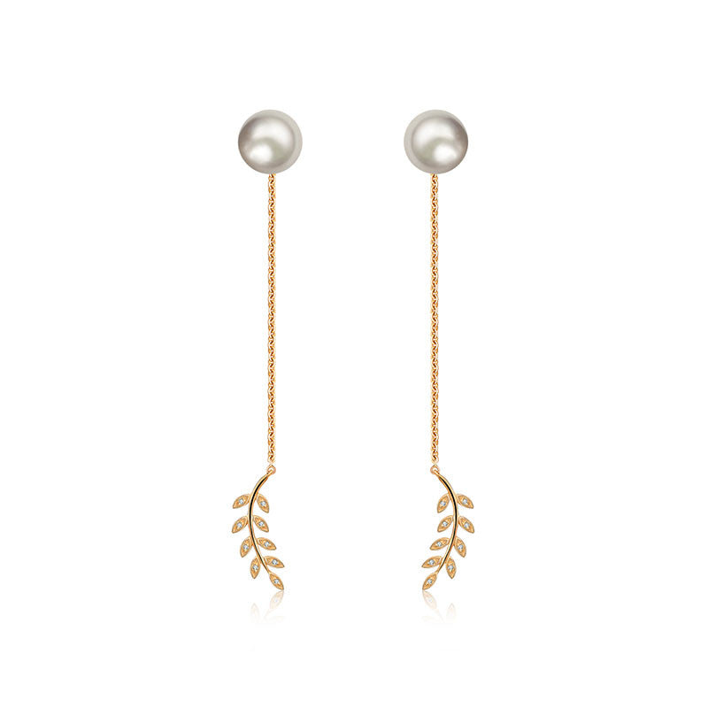 18k Gold Greek Leaf Dangling Diamond Earring With Pearl - Genevieve Collection