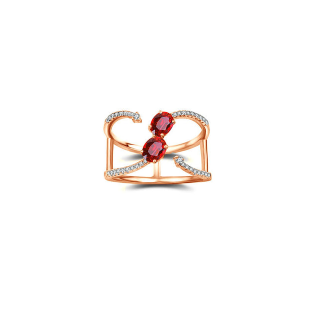 18k Gold Double Ruby Connected Diamond Ring - Genevieve Collection