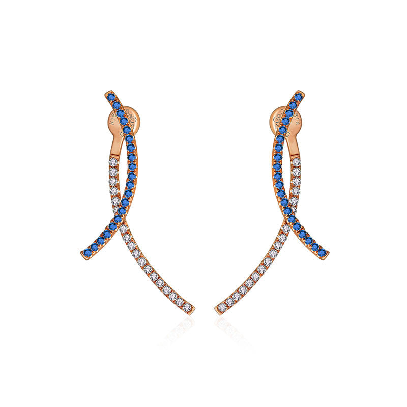 18k Gold Double Curve Diamond Earring With Sapphire - Genevieve Collection