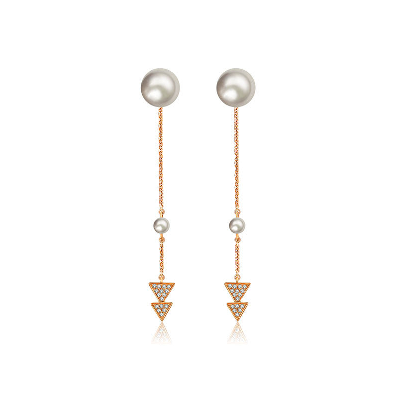 18k Gold Double Arrow Chain Diamond Earring With Pearl - Genevieve Collection