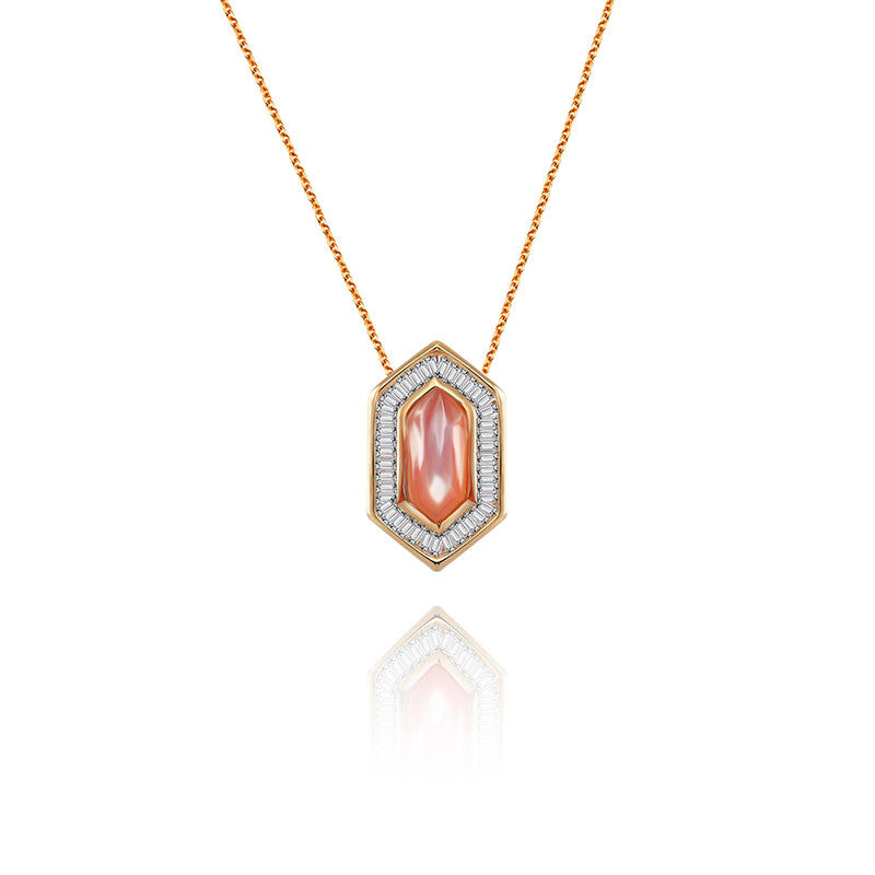 18k Gold Hexagonal Shape Pink Shell Diamond Necklace - Genevieve Collection