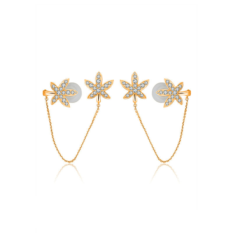 18k Gold Leaf Shape with Chain Diamond Ear Cuff & Earring - Genevieve Collection