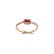 18k Gold Rectangle Shape Ruby Ring Surrounded by Diamond - Genevieve Collection