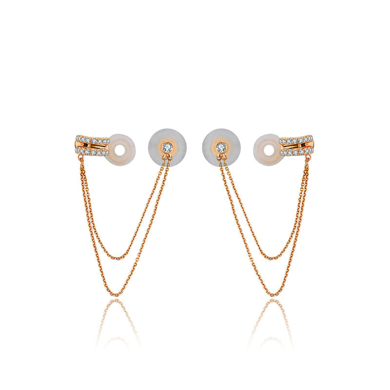 18k Gold Double Chain Diamond Ear Cuff & Earring - Genevieve Collection