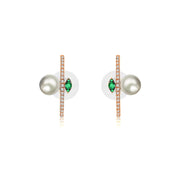 18k Gold Half Hoop Diamond Earring with Pearl and Emerald - Genevieve Collection