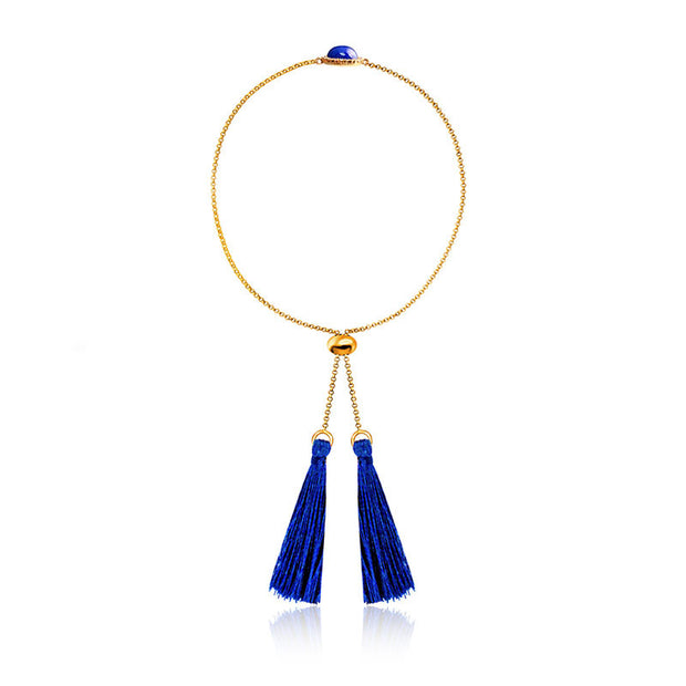 18k Gold Round Lapis Diamond Bracelet with Blue Tassel - Genevieve Collection