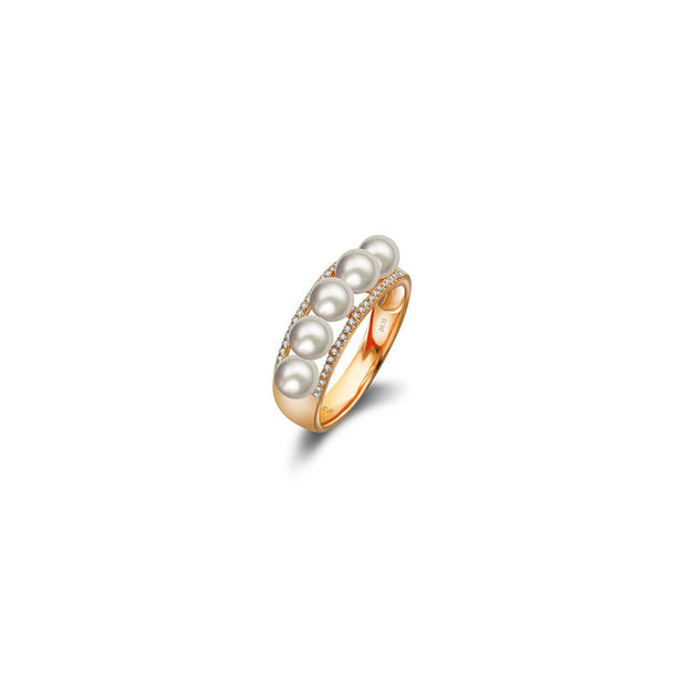18k Gold Double Line Diamond Ring With Pearl - Genevieve Collection