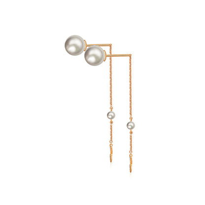 18k Gold Double Arrow Chain Diamond Earring With Pearl - Genevieve Collection