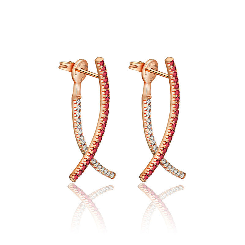 18k Gold Double Curve Diamond Earring With Ruby - Genevieve Collection