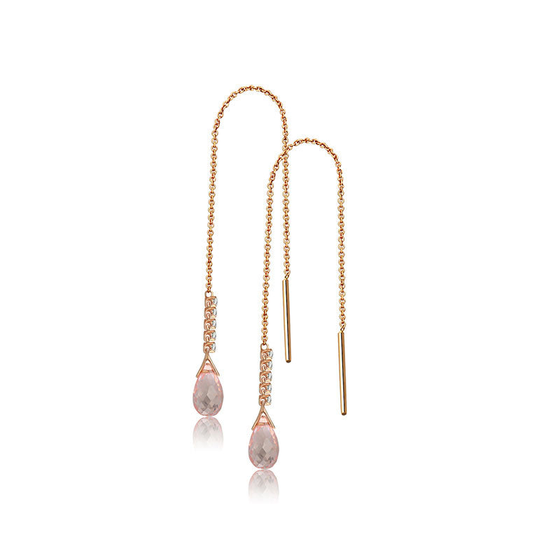 18k Gold Pink Quartz Chain Diamond Earring - Genevieve Collection