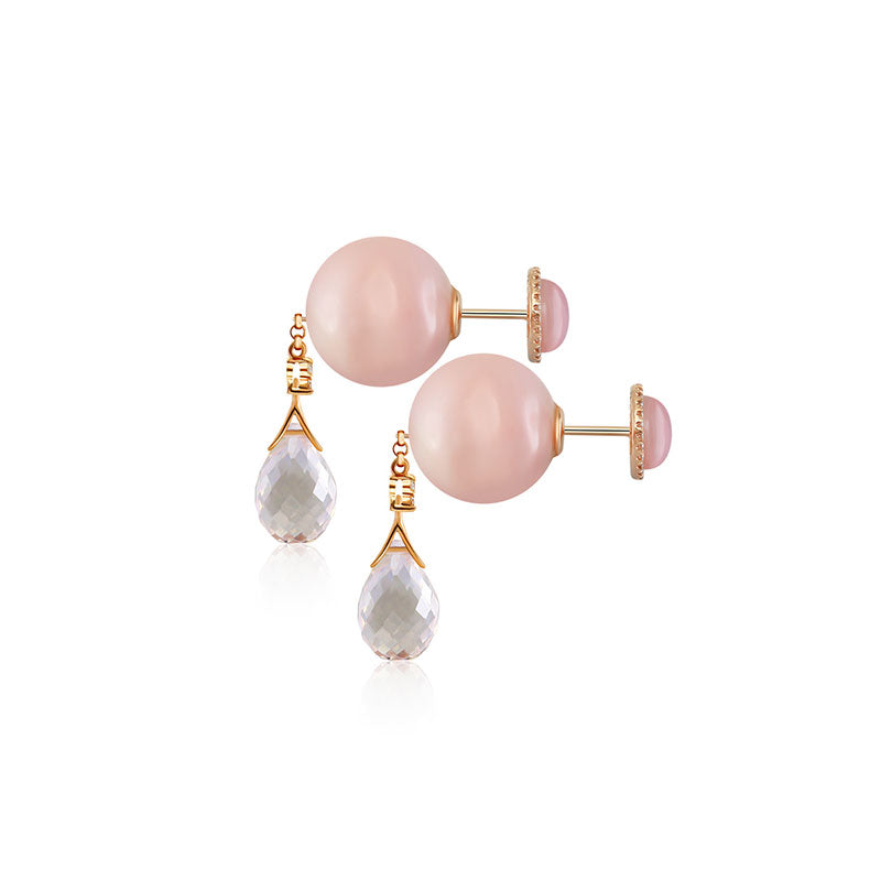 18k Gold Round Pink Shell Diamond Earring with Opal and Quartz - Genevieve Collection