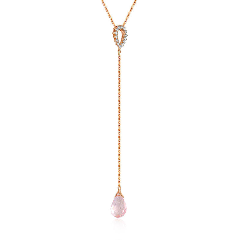 18k Gold Pink Quartz Chain Diamond Necklace With Drop Shape - Genevieve Collection