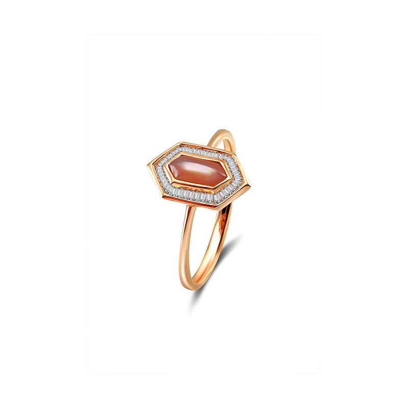 18k Gold Hexagonal Shape Pink Shell Diamond Ring - Genevieve Collection