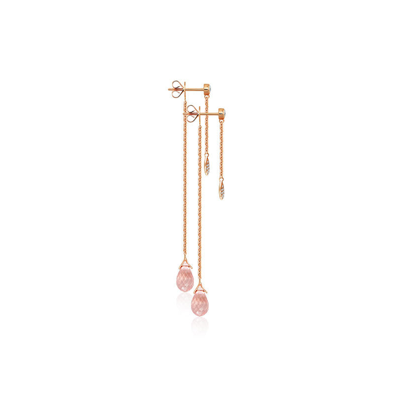 18k Gold Pink Quartz Chain Diamond Earring - Genevieve Collection