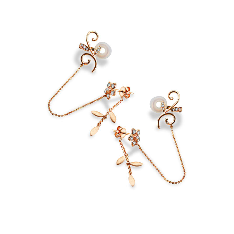 18k Gold Flower Shape with Chain Diamond Ear Cuff & Earring - Genevieve Collection