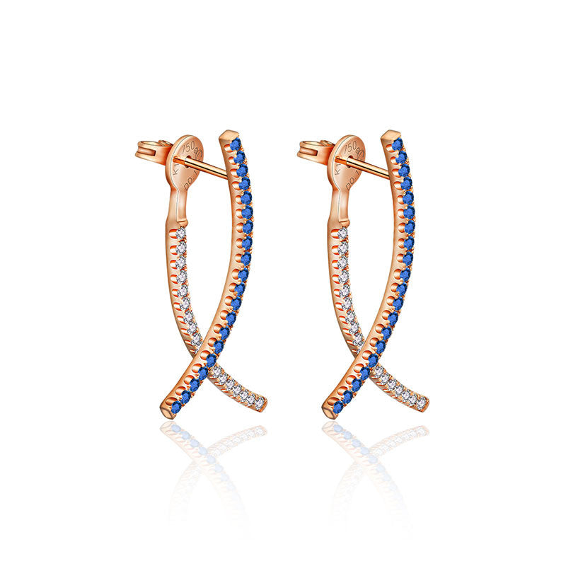 18k Gold Double Curve Diamond Earring With Sapphire - Genevieve Collection