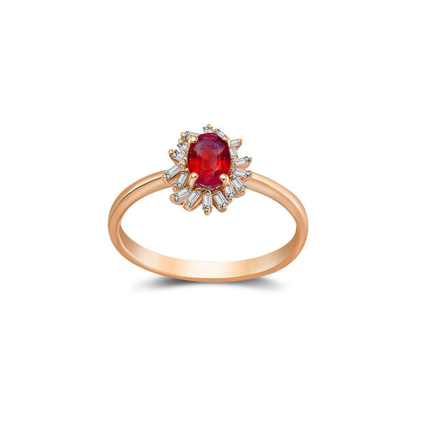18k Gold Ruby Ring Surrounded by Irregular Shape Diamond - Genevieve Collection
