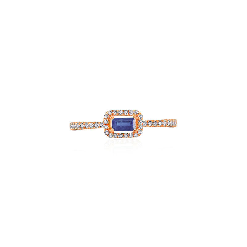 18k Gold Rectangle Shape Sapphire Ring Surrounded by Diamond - Genevieve Collection