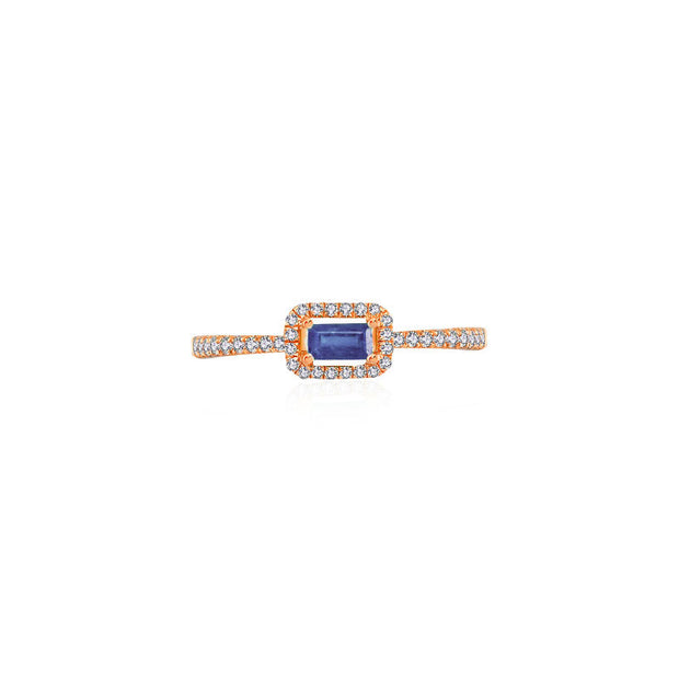 18k Gold Rectangle Shape Sapphire Ring Surrounded by Diamond - Genevieve Collection